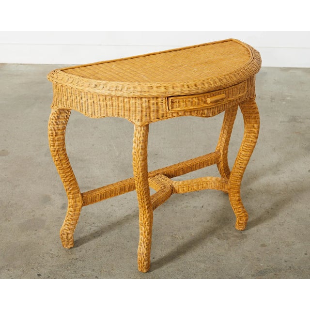 Mid 20th Century French Midcentury Organic Modern Wicker Demilune Console For Sale - Image 5 of 12