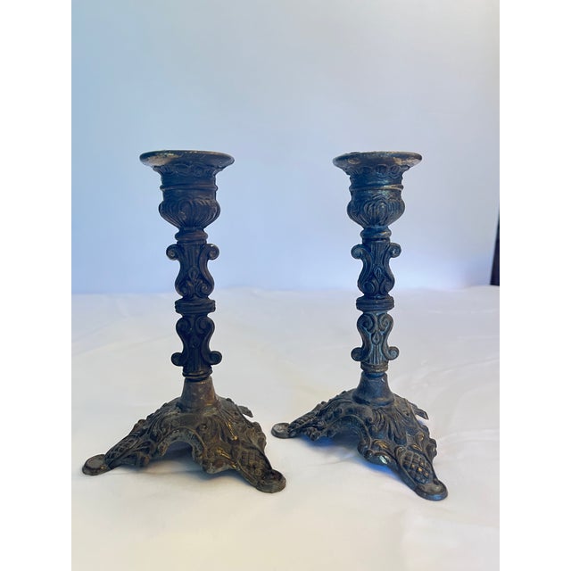 Vintage Ornate Brass Candle Holders Action Made in Italy 3 Footed Baroque 6" For Sale - Image 10 of 12