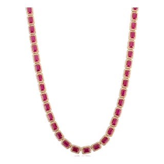 1980s Inspired 27.47 Ct Ruby Statement Necklace With Diamonds in 14k Solid Gold For Sale