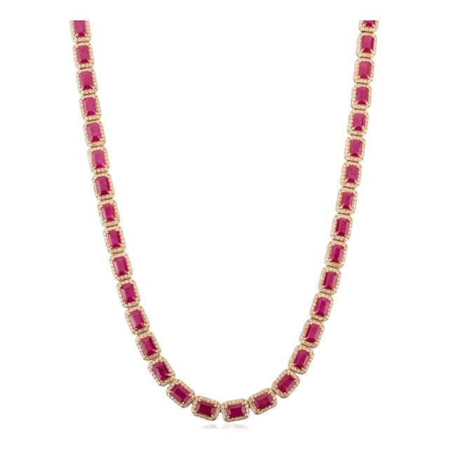 1980s Inspired 27.47 Ct Ruby Statement Necklace With Diamonds in 14k Solid Gold For Sale