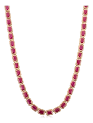 1980s Inspired 27.47 Ct Ruby Statement Necklace With Diamonds in 14k Solid Gold
