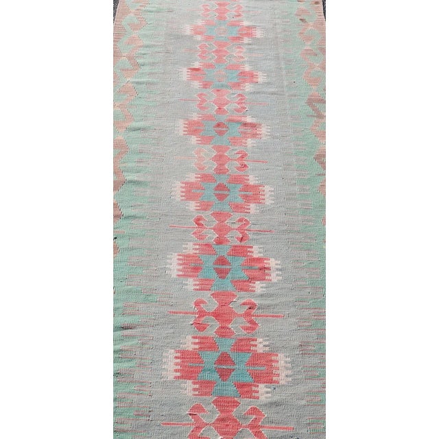 Tribal Mid 20th Century Geometric Medallion Vintage Turkish Tribal Kilim Flat-Weave Runner For Sale - Image 3 of 12