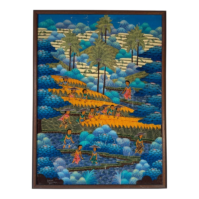 1970’s Vintage Penestanan Kelod Bali Folk Art - Rice Harvest Scene Oil on Canvas Painting For Sale