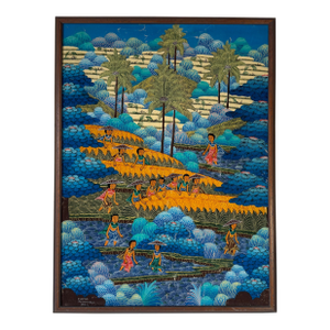 1970’s Vintage Penestanan Kelod Bali Folk Art - Rice Harvest Scene Oil on Canvas Painting