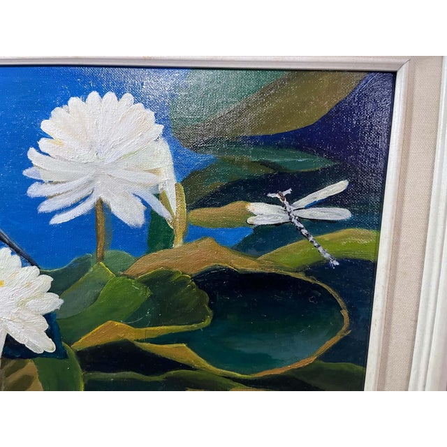 Realism Theo Dodge Signed Painting, Green (Blue) Heron, Water Lilies and Dragonfly For Sale - Image 3 of 11
