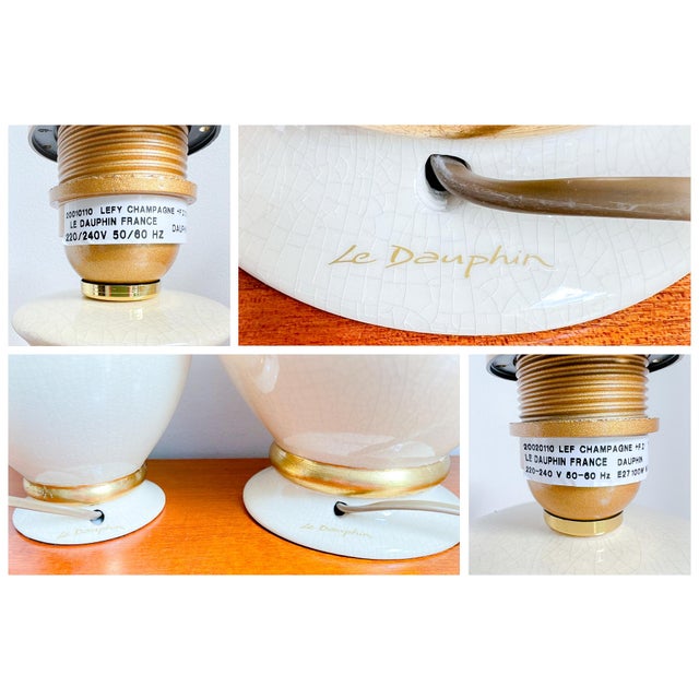 Metal Vintage French Table Lamps in Ivory / Gold Crackled Ceramic from Maison Le Dauphin, 1970s, Set of 2 For Sale - Image 7 of 13