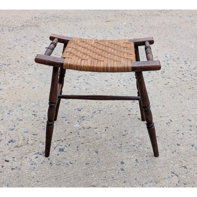 Early 20th Century Wicker and Turned Oak Wood Stool Bench For Sale - Image 4 of 8