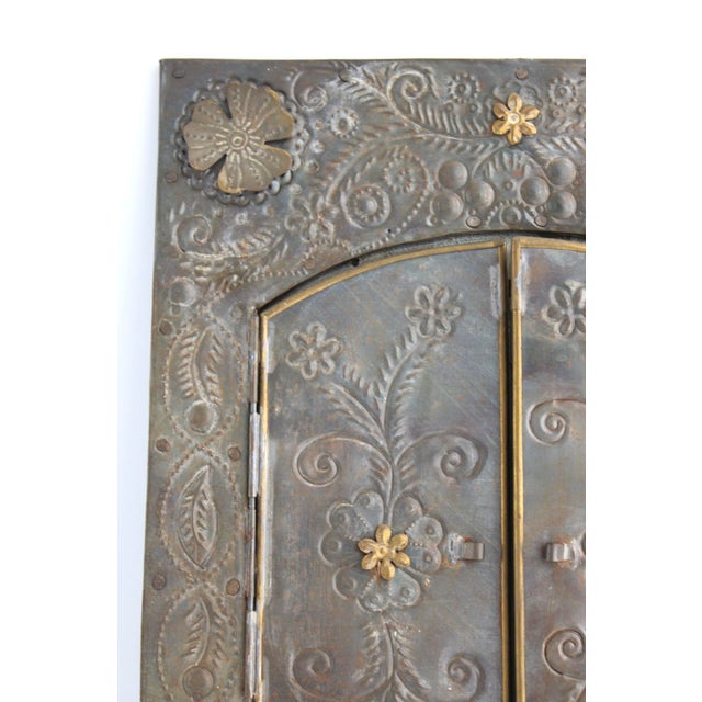 Vintage Mexican Folk Art Punched Tin “Hojalata” Mirror W/ Brass Accents For Sale - Image 4 of 12