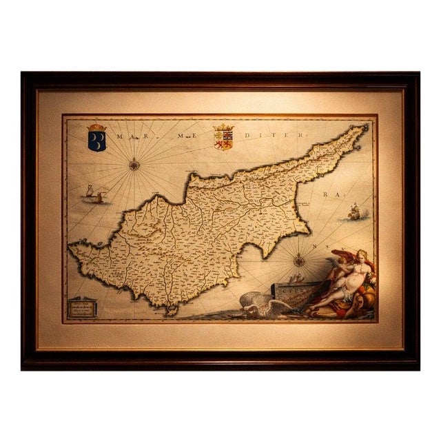 Cyprus Map with Mythological Cartouche from Blaeu, 1642 For Sale