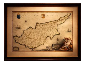 Cyprus Map with Mythological Cartouche from Blaeu, 1642
