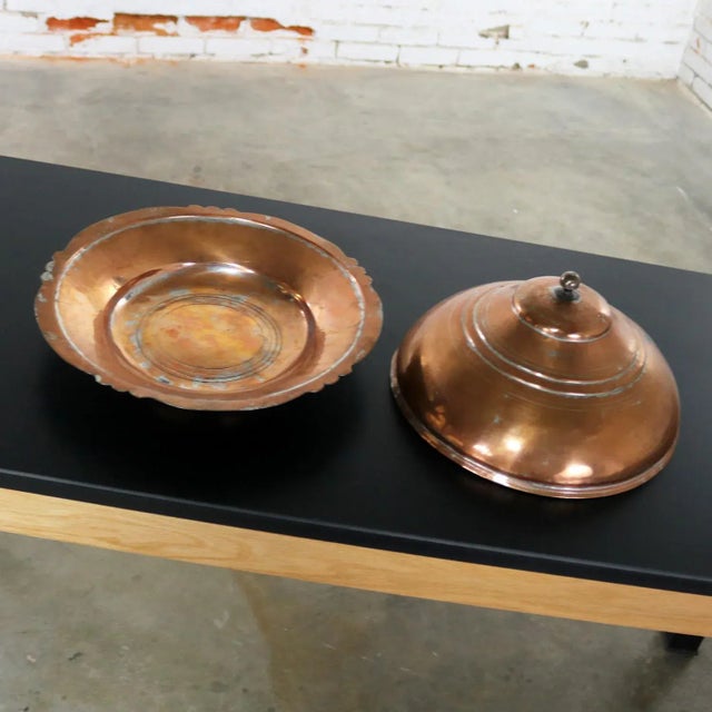Boho Chic Antique Turkish Ottoman Large Lidded Copper Bowl Hand Forged For Sale - Image 3 of 13