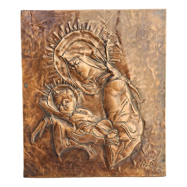 Bas-Relief Painting in Copper wth Mother of God Motif by M.A., 1950s-1970s For Sale