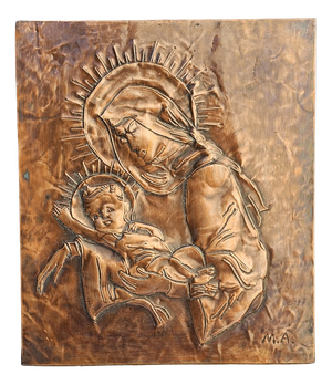 Bas-Relief Painting in Copper wth Mother of God Motif by M.A., 1950s-1970s