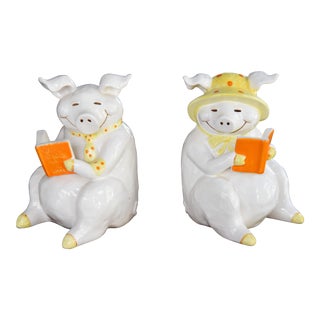 Vintage Fitz & Floyd Sitting Piggy Bookends - A Pair For Sale