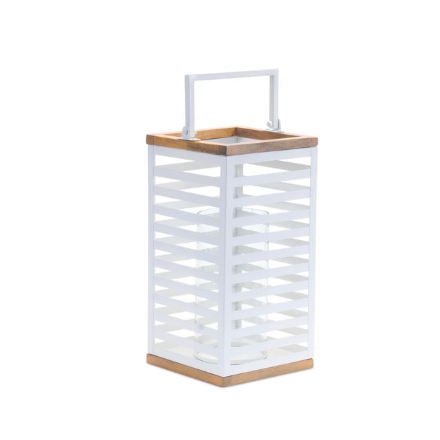 Contemporary Metal Box Lantern with Natural Wood Accents - Set of 2 For Sale - Image 3 of 3