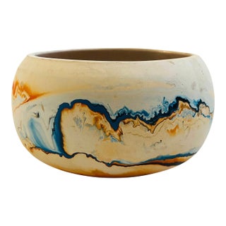 Nemadji Pottery Bowl - Blue and Orange Swirls For Sale