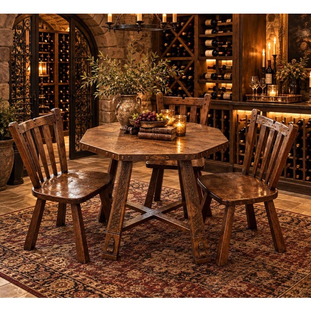 Early 20th Century Antique Solid Oak Wood Octagonal Shaped Dining Table With Three Chairs For Sale - Image 12 of 12
