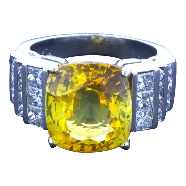 9.41 Carat Yellow Sapphire Diamond Platinum Ring, GIA Certified, Size 5.75 For Sale