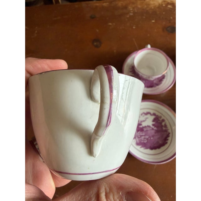 1805 Rare Antique Set of Four Pink Lustre and Bat Printed Pearlware Handled Cups and Saucers, Attributed to Thomas Wolfe - Set of 8 For Sale - Image 14 of 17