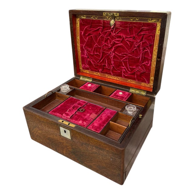 Antique Walnut Travel Jewelry Box W Inkwells & Secret Compartment For Sale