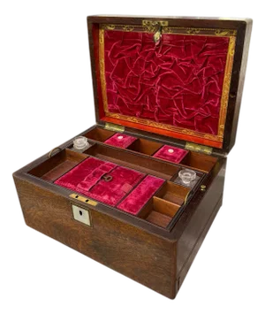 Antique Walnut Travel Jewelry Box W Inkwells & Secret Compartment