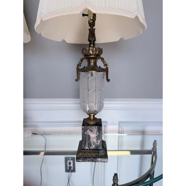 Hollywood Regency Vintage Crystal and Brass Table Lamps With Marble Bases and Pleated Shades - a Pair For Sale - Image 3 of 15