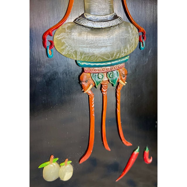 Wood 1960s Mother of Pearl Wall Panel Lacquered Black Lotus Flower Elephant Leg Vase For Sale - Image 7 of 12