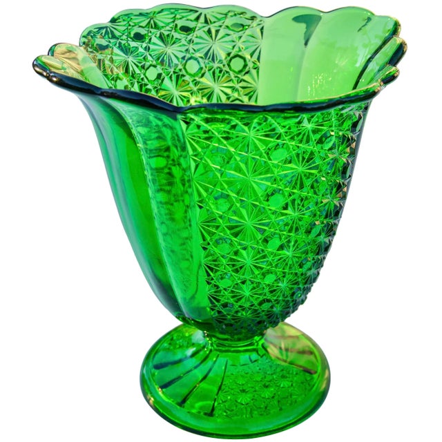 Glass Vintage Hand-Cut Textured Green Vase For Sale - Image 7 of 7