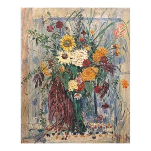 Samuel Rothbort, Large Modernist Floral Bouquet Impasto Oil Painting of Flowers in a Vase