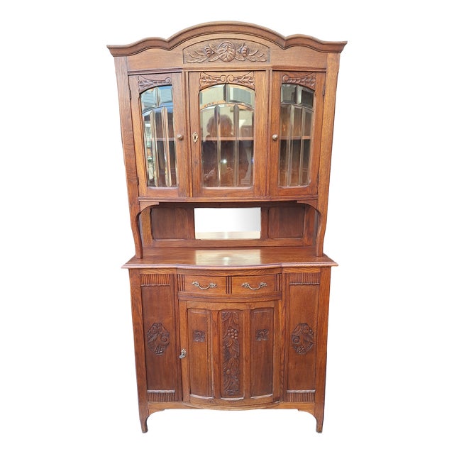 Antique 2-Piece Dining Room Buffet in Oak with Polished Glass Panes, 1920s For Sale