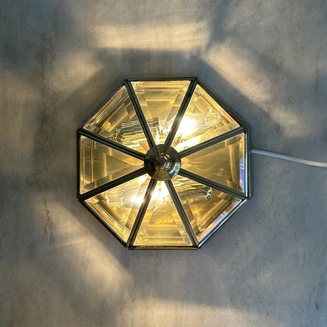 Art Deco Octagonal Brass Wall Lamp with Cut Glass, 1930s For Sale - Image 6 of 18