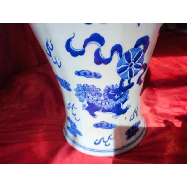 Ceramic Final Clearance 19th Century 24" Shishi Qilin Blue and White Temple Urn Tribute - 24" For Sale - Image 7 of 18