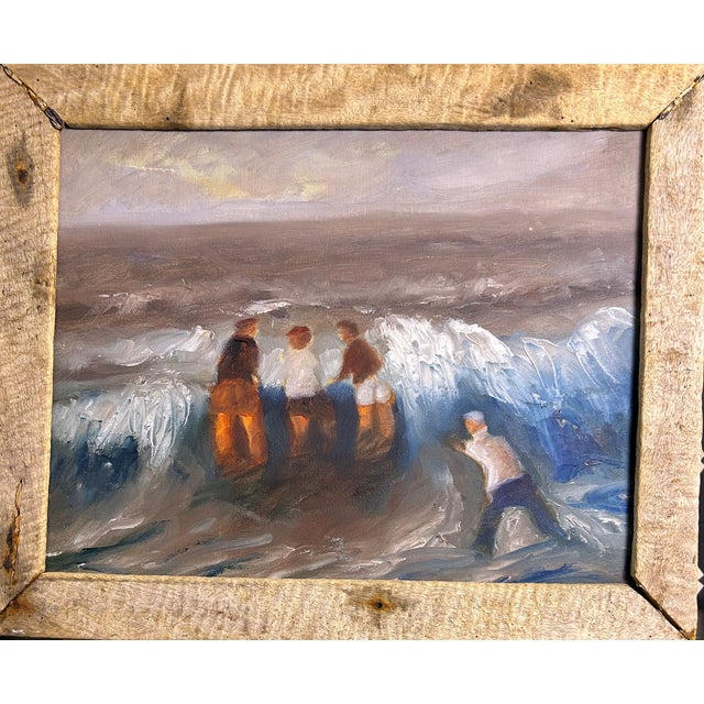 Original coastal painting depicting four figures standing amid breaking ocean waves beneath a muted blue-gray sky. Loosely...