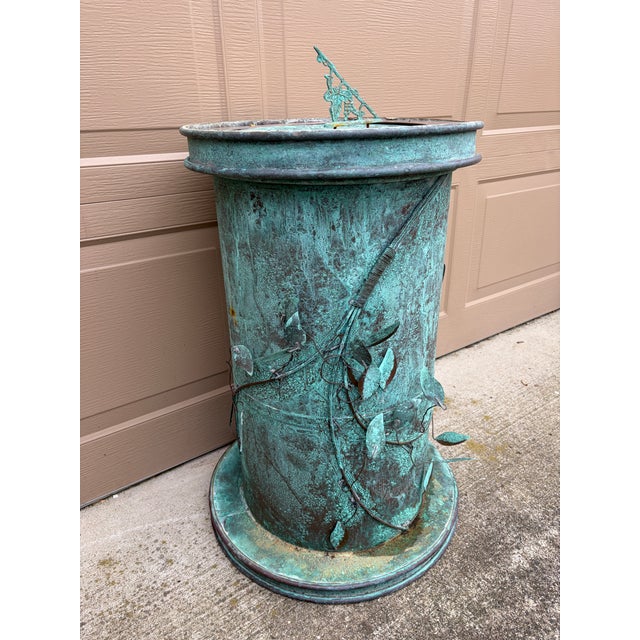 Mid 20th Century Vintage English Country Classical Verdigris Iron Sundial on Copper Pedestal Base "Grow Old Along With Me" For Sale - Image 5 of 12