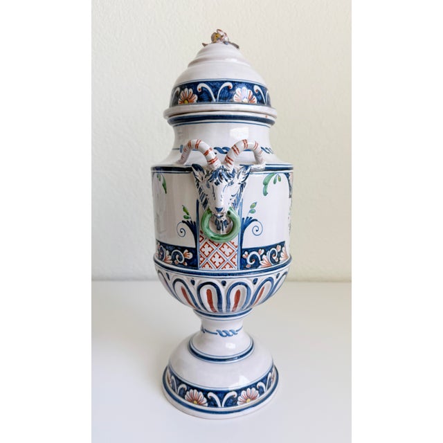 Pair of Mid-Century French Hand Painted Faience Urns With Ram Head Handles For Sale - Image 17 of 18