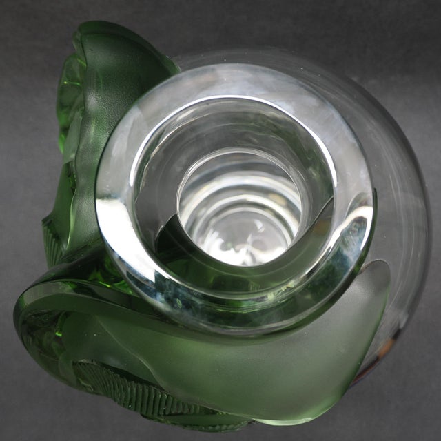 1980s 1989 Lalique Tanega Green Frosted & Clear Crystal Leaf Vase in Original Box For Sale - Image 5 of 11