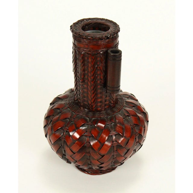 1900 - 1909 Early 1900s Japanese Woven Bamboo Ikebana Vase Bottle Shaped With Porcelain Insert For Sale - Image 5 of 9