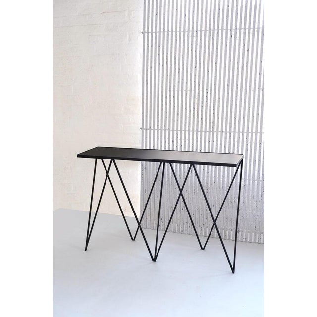 Giraffe Console Table with Natural Linoleum Top in Black by &New For Sale - Image 4 of 7