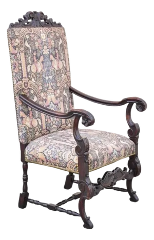 Antique Italian Renaissance Baroque Tapestry Carved Walnut Throne Armchair