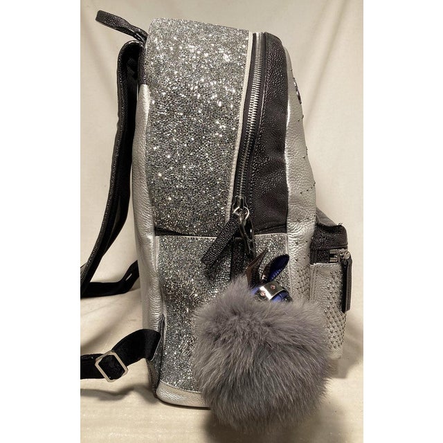 MCM Special Edition Silver Leather Swarovski Crystal Backpack with Rabbit Charm For Sale - Image 4 of 11