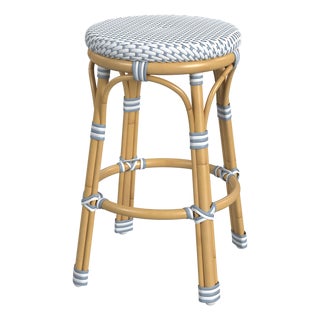 Tobias 24.5 in. Seat Height Outdoor Rattan and Metal Backless Counter Stool, Blue/White Dot / Natural Rattan Frame For Sale