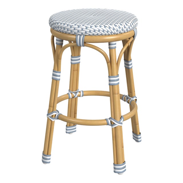 Tobias 24.5 in. Seat Height Outdoor Rattan and Metal Backless Counter Stool, Blue/White Dot / Natural Rattan Frame For Sale