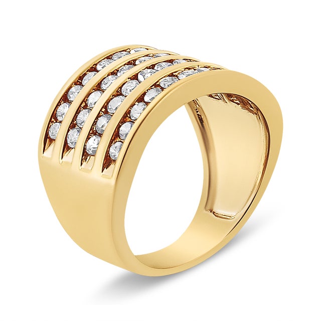 10K Yellow Gold Plated .925 Sterling Silver 1 1/2 Cttw Diamond 4 Row Channel Band Ring (Champagne Color, I2-I3 Clarity) Ring Size 6 For Sale - Image 4 of 6