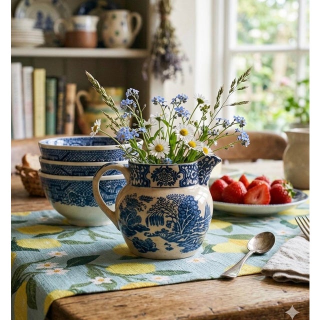 1920s Vintage J & G Meakin “ Ming” Blue & White Chinoiserie Ironstone Pitcher 4” Height 5” Width Including Spout and Handle For Sale - Image 4 of 4