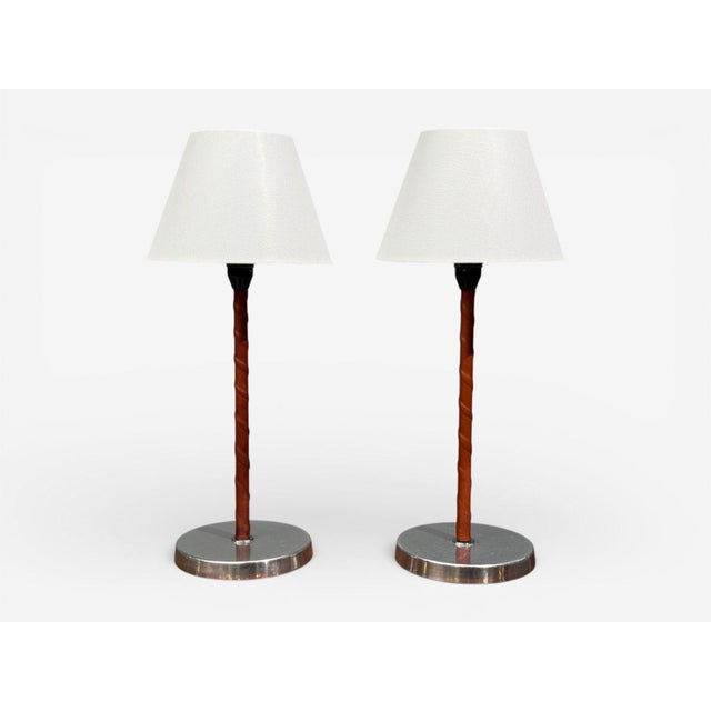 Bergboms, Swedish Mid-Century Modern, Table Lamps, Leather, Nickel Plated, Sweden, 1960s Pair of table lamps designed by...