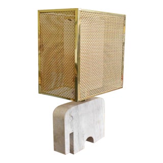 Vintage Italian Mid Century Table Desk Travertine Lamp by Fratelli Manelli With Brass Wicker Box Shade For Sale