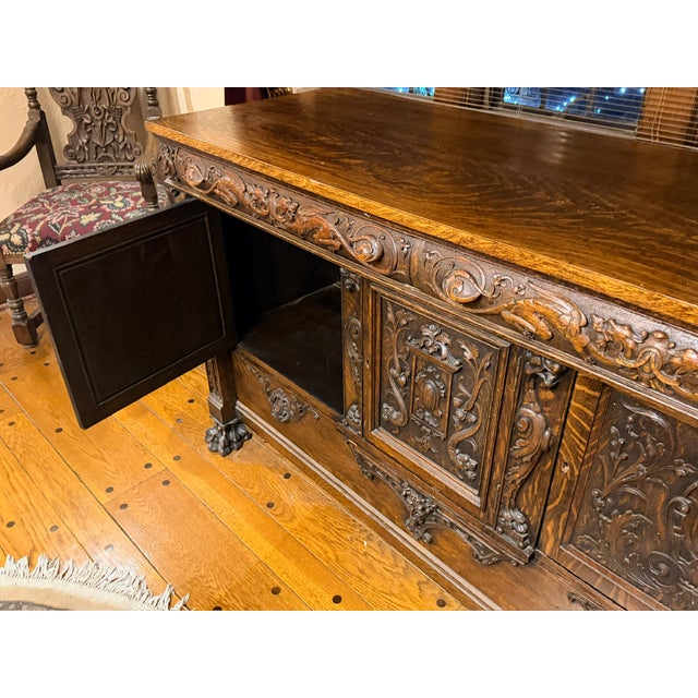 Burnt Umber Downsizing - Must Sell - Late 19th Century English Renaissance Gothic Oak Buffet Sideboard For Sale - Image 8 of 13