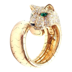 Cartier Panther 18k Yellow Gold Diamond Emerald Onyx Band Ring, size 4.75