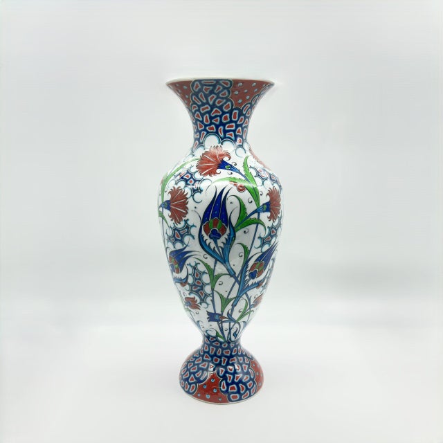 Ceramic Handmade Ceramic Palace Vase (50cm) Red Carnations and Geometric Mosaic Neck Pedestal Urn For Sale - Image 7 of 8