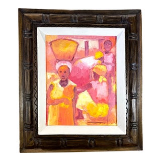Vintage Dieudonné Cedor Signed Haitian Oil Painting, Figural Market Scene For Sale